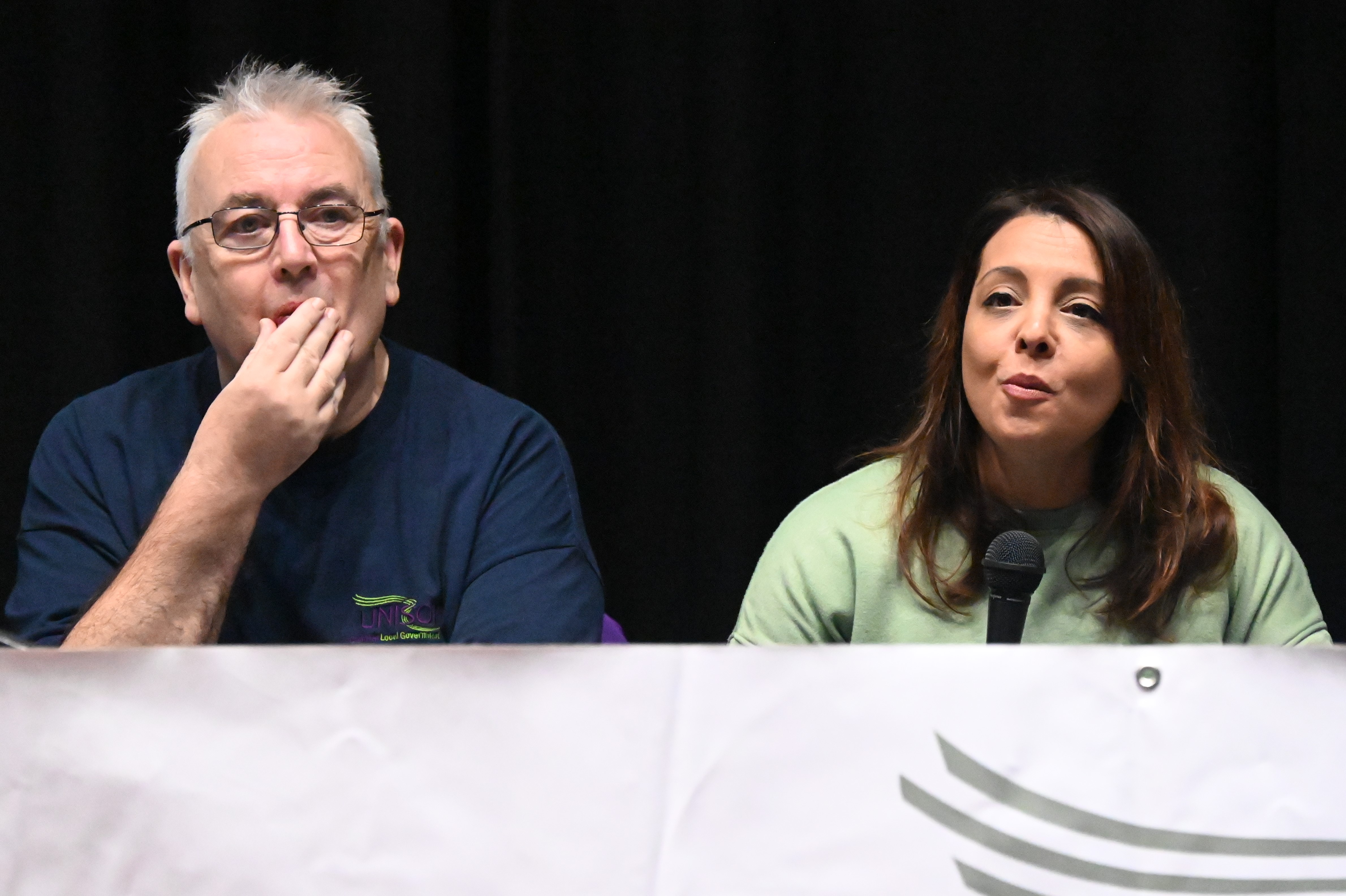 Shavanah Taj, General Secretary of the Wales TUC (right), gives peter Crews food for thought.